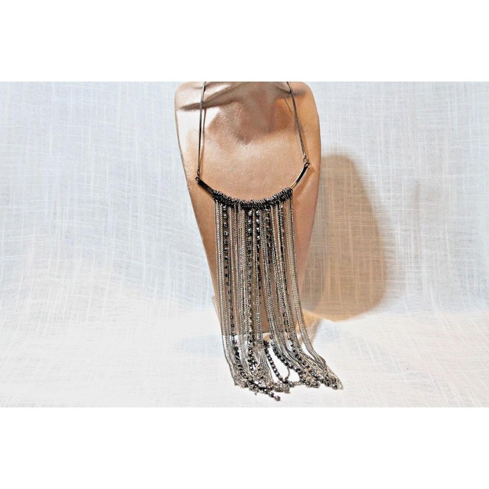 Bold Gunmetal Fringe Statement Necklace Waterfall Chain Strands Glam Mens